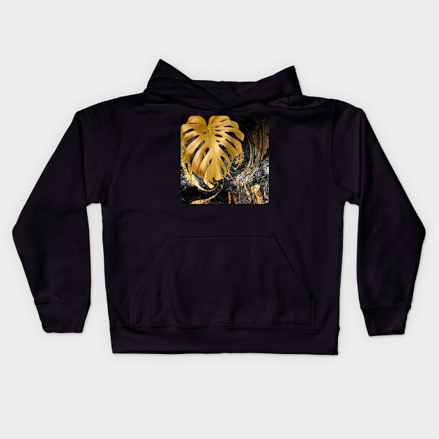 Black Gold marble and monstera Kids Hoodie by GreekTavern